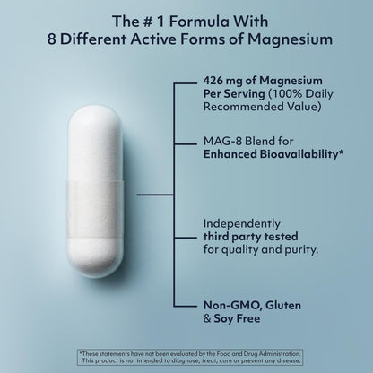8 in 1 Magnesium Complex for Women & Men 426mg | 180 Vegan Capsules | MAG-8 Blend: Citrate, Bisglycinate, Malate, & More | Non-GMO Magnesio Complex Supplement | Provides 100% Daily Recommended Value - Maple Wellness Supplements