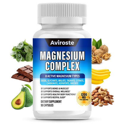 8 in 1 Magnesium Complex Supplement - 8 Elemental 1000mg - Magnesium Glycinate, Citrate, Malate, Taurate - High Absorption,for Muscle, Nerve & Sleep Support - 90 Capsules - Maple Wellness Supplements