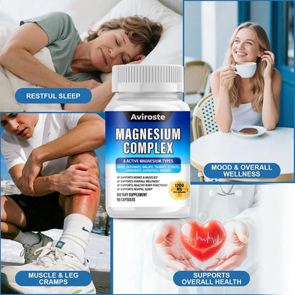 8 in 1 Magnesium Complex Supplement - 8 Elemental 1000mg - Magnesium Glycinate, Citrate, Malate, Taurate - High Absorption,for Muscle, Nerve & Sleep Support - 90 Capsules - Maple Wellness Supplements
