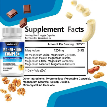 8 in 1 Magnesium Complex Supplement - 8 Elemental 1000mg - Magnesium Glycinate, Citrate, Malate, Taurate - High Absorption,for Muscle, Nerve & Sleep Support - 90 Capsules - Maple Wellness Supplements
