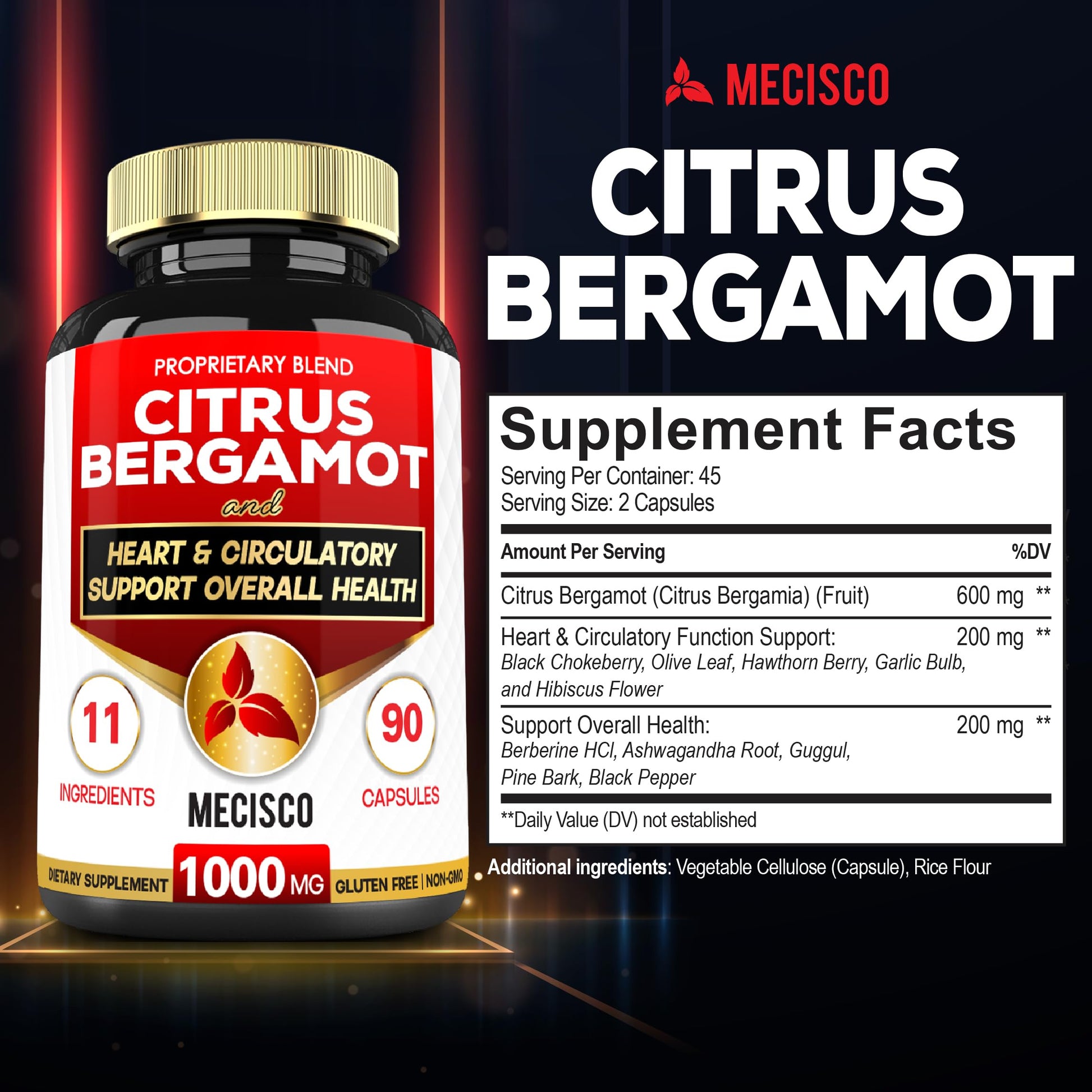 Mecisco 11 in 1 Citrus Bergamot Supplement 1000mg with Black Chokeberry, Berberine HCl & More - 90 Capsules - Supports Heart Health, Immune System, Energy Production MeciscoBuy Supplements Australia