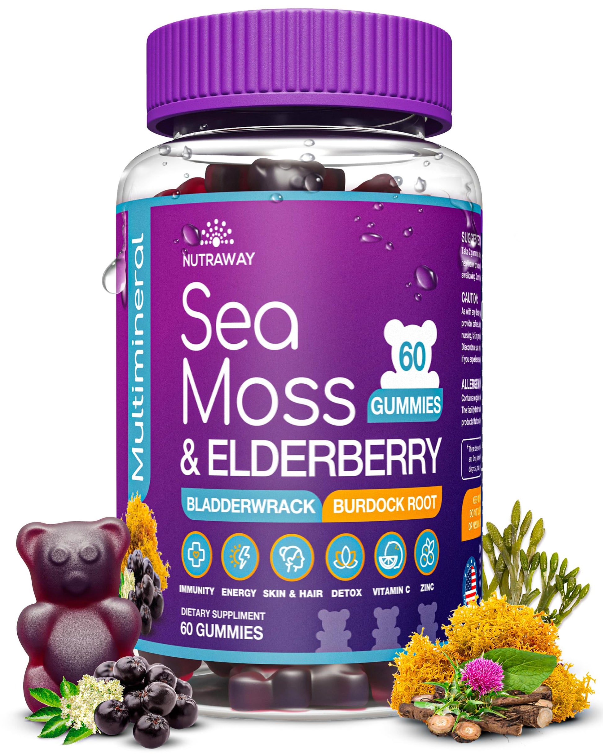NUTRAWAY LABS Sea Moss Gummies with Elderberry, Vitamin C & Zinc - 102 Minerals from Irish Sea Moss, Bladderwrack & Burdock Root for Immune Support - Vegan Seamoss Supplement (Pack of 1) NUTRAWAY LABSBuy Supplements Australia