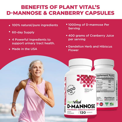 Plantvital D Mannose Capsules with Cranberry - D-mannose 1000mg Capsules - High Potency for Bladder, Kidney and Urinary Tract Support. Cranberry Powder with Hibiscus and Dandelion. 2 Months Supply PlantvitalBuy Supplements Australia