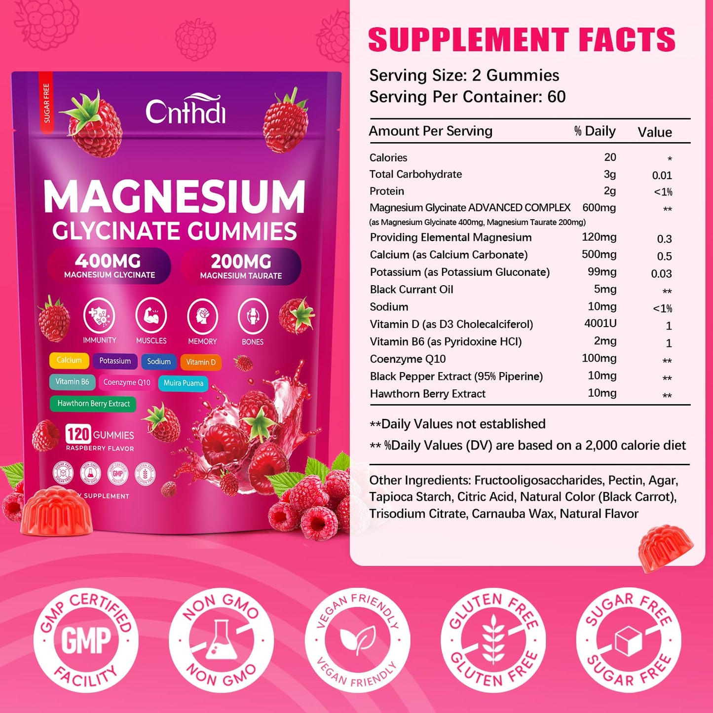 CNFHDI Magnesium Glycinate Gummies 600mg, 120 Counts Chews Sugar Free Magnesium Gummies for Adults & Kids with Calcium, Zinc & CQ10, Potassium Supplements for Zzz, Brain, Muscle & Relax CNFHDIBuy Supplements Australia