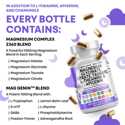 Clean Nutraceuticals Magnesium Glycinate Complex 1000mg with L-Theanine 200mg Apigenin 50mg Citrate Taurate Supplement - 5-HTP GABA Passion Flower Lemon Balm L-Glycine Phosphatidylserine - 60 Count Clean NutraceuticalsBuy Supplements Australia