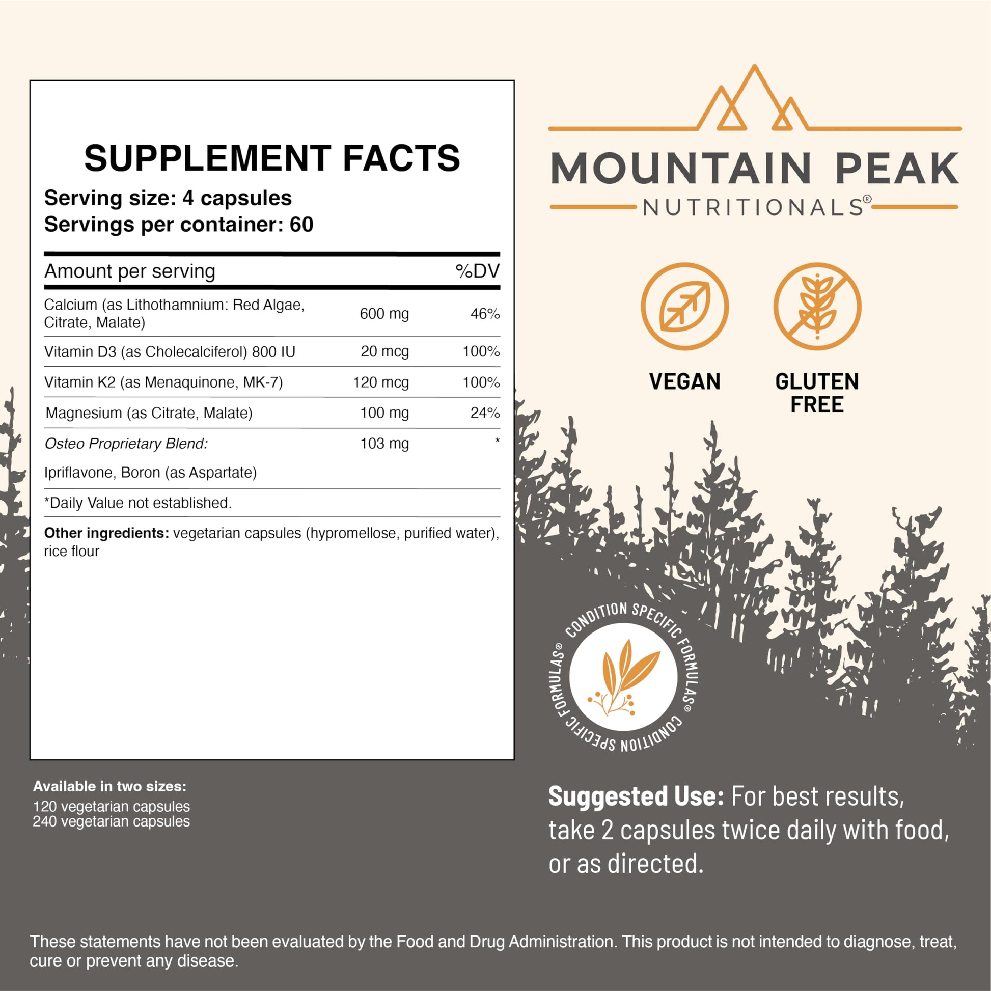 Mountain Peak Nutritionals Osteo Supplement - Organ & Strong Bone Support, Promotes Bone Health - With Vitamins D3, K2, Calcium, and Magnesium - Bone Building & Strengthening (240 Vegetarian Capsules) Mountain Peak NutritionalsBuy Supplements Australia