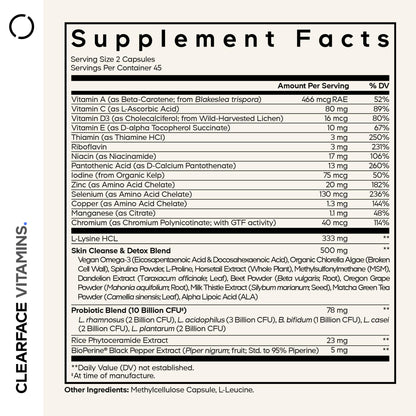 Codeage Clearface Pantothenic Acid, Niacin Supplement, Vitamins A, C, D3, E, Probiotics, Zinc, Riboflavin, Thiamin, L-Lysine HCL & Omega-3, Niacinamide, Skin Botanical Blend - Non-GMO - 90 Capsules CodeageBuy Supplements Australia