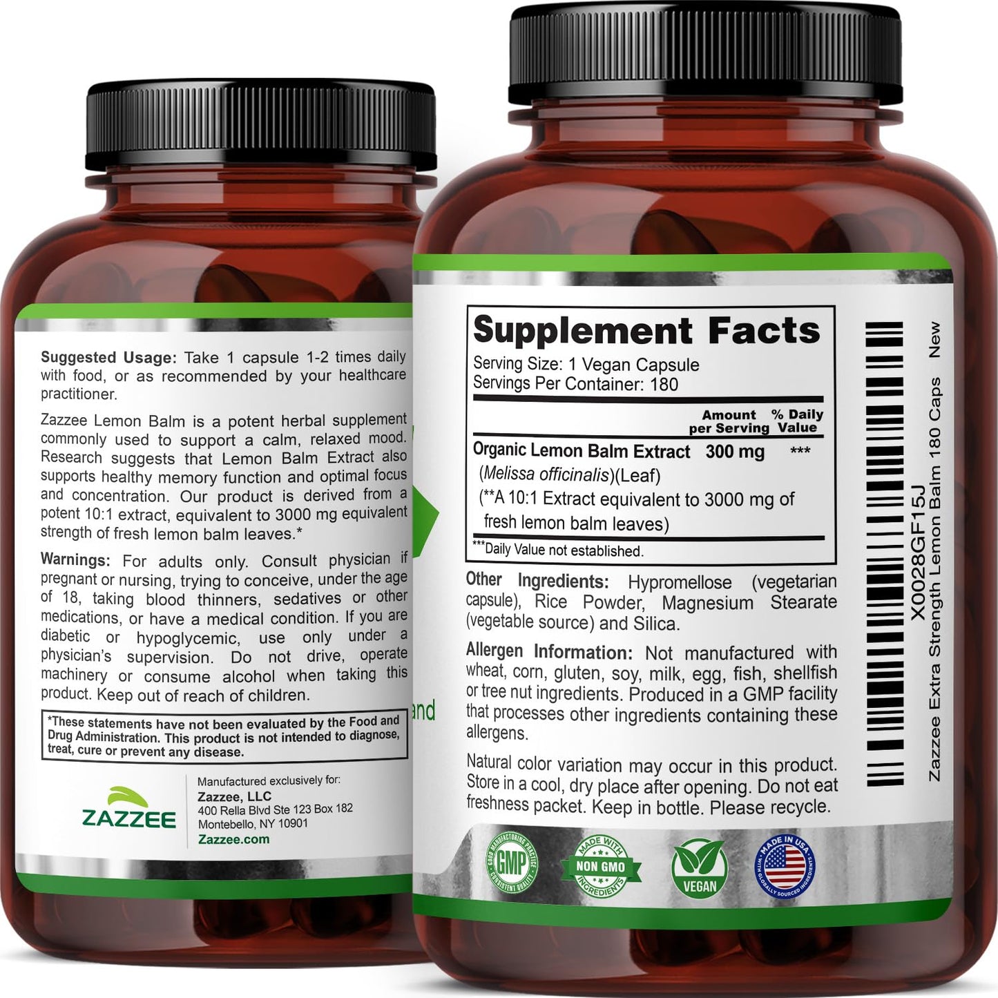 Zazzee Organic Lemon Balm 10:1 Extract, 180 Vegan Capsules, 6 Month Supply, Melissa Officinalis, Calm, Mood, Stress & Relaxation Support, Herbal Supplement, All-Natural, Non-GMO, Made in the USA ZazzeeBuy Supplements Australia