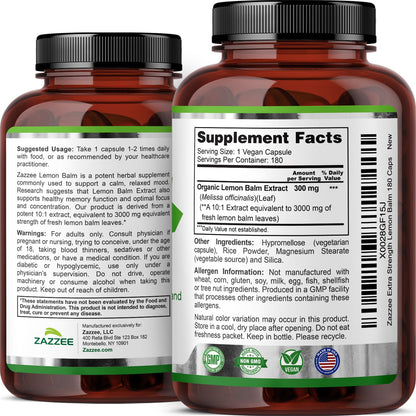Zazzee Organic Lemon Balm 10:1 Extract, 180 Vegan Capsules, 6 Month Supply, Melissa Officinalis, Calm, Mood, Stress & Relaxation Support, Herbal Supplement, All-Natural, Non-GMO, Made in the USA ZazzeeBuy Supplements Australia