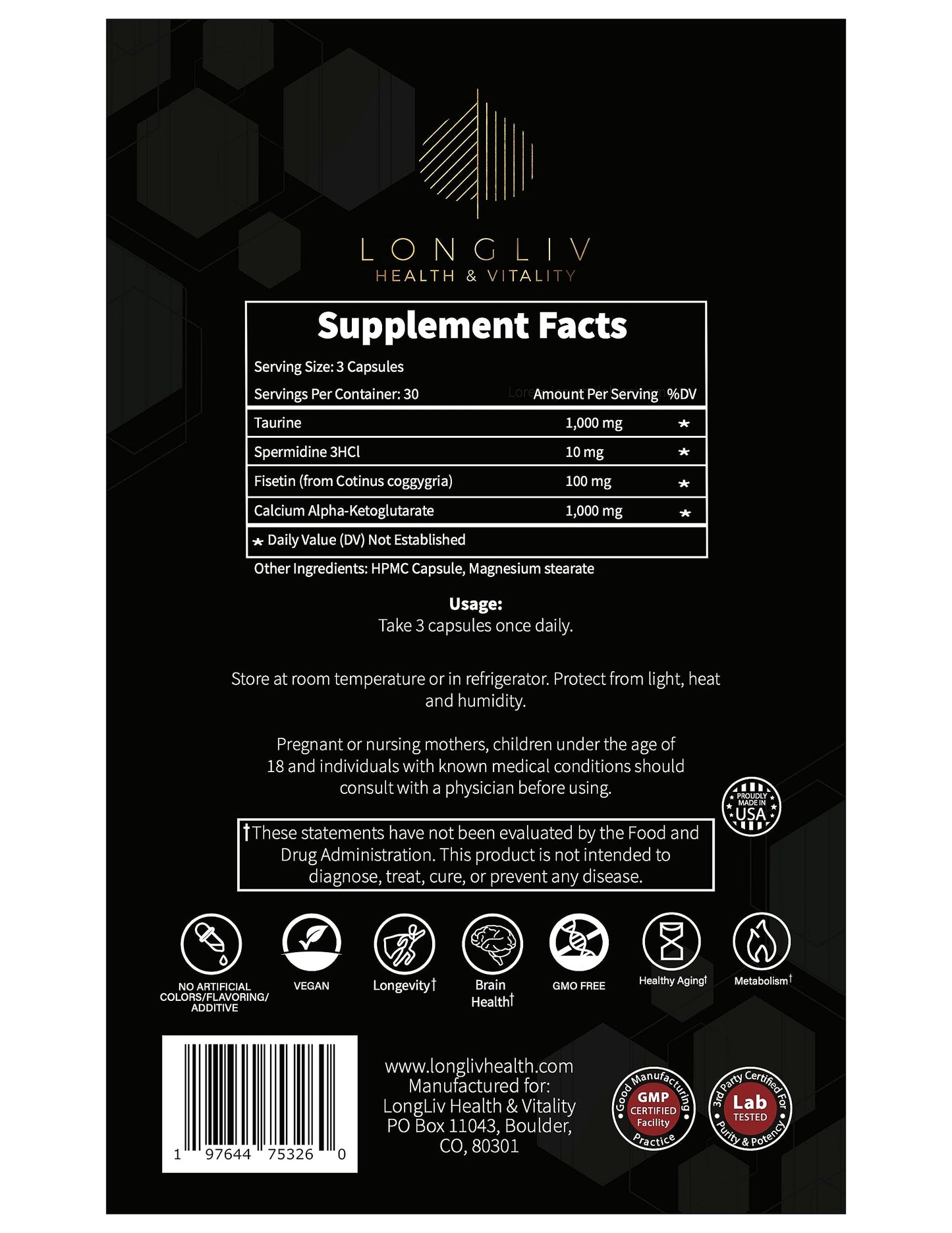 Longevity4Life - Ultimate Cellular Health Supplement - Fisetin, Taurine, Calcium Alpha-Ketoglutarate, and Spermidine Capsules for Longevity and Vitality - Made in USA - Physician Formulated LongLiv Health and VitalityBuy Supplements Australia