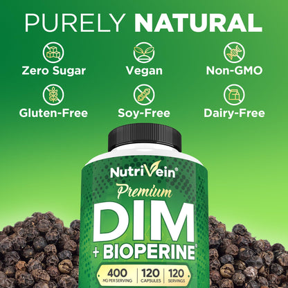 Nutrivein Premium DIM Supplement 400 mg Daily - 120 Servings (120 Capsules): Diindolylmethane for Women and Men - Plus Bioperine - Estrogen Supplement - Menopause and Middle Age Support NutriveinBuy Supplements Australia