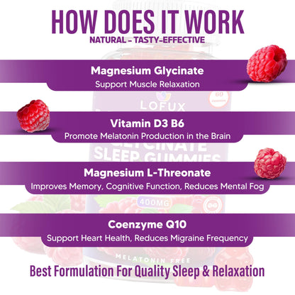 Lofux Magnesium Glycinate Gummies 400mg, Sugar Free Magnesium Gummies for Adults Women, Men, Chewable Supplement Gummy with L-Threonate, Vitamin D, B6, CoQ10 - for Calm, Sleep, Body Relaxation, 120 Ct LofuxBuy Supplements Australia