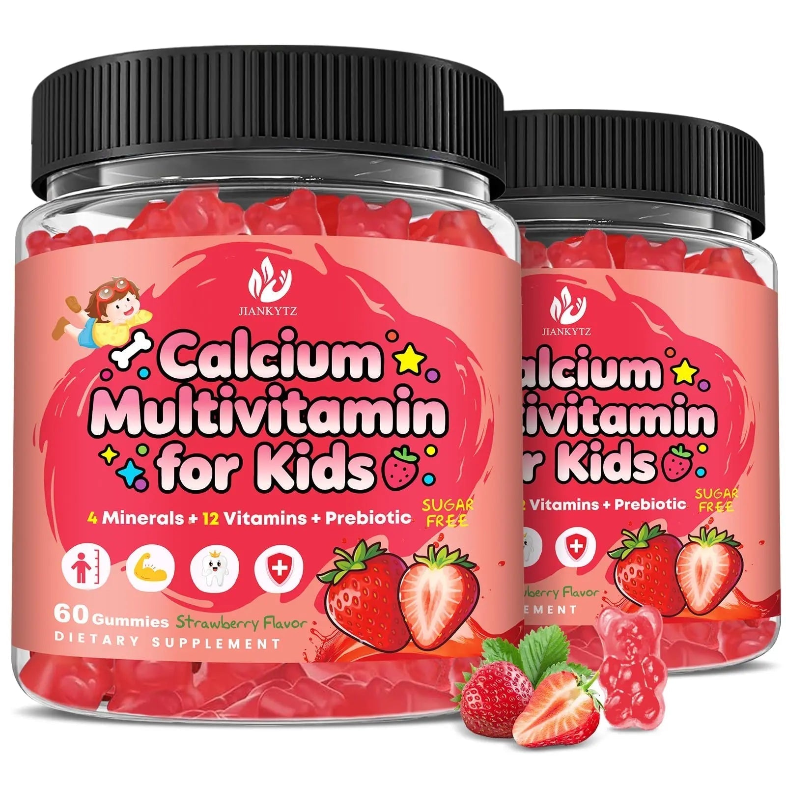 (2 Pack) Sugar Free Calcium Multivitamin Gummies for Kids - Nutritional, Immune, Bone Support, Whole Multivitamin, with Vitamins A, C, D, B1, B2, B6 JIANKYTZ