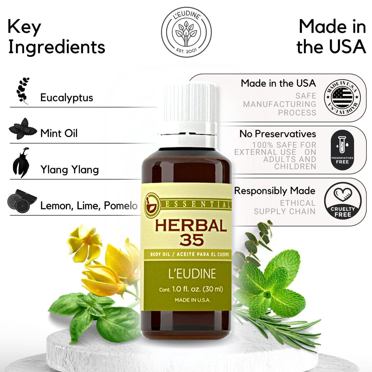 L'eudine Herbal 35 Essential Oil, Soothing and Calming Eucalyptus Essential Oil, Powerful Blend L'eudineBuy Supplements Australia