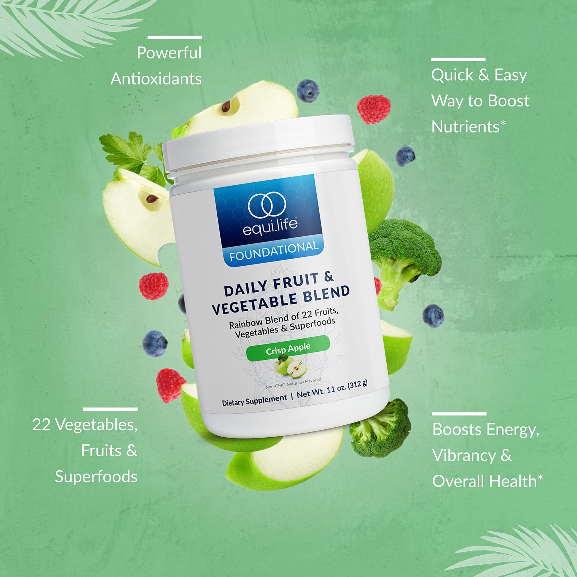 Equilife Daily Fruit & Vegetable Blend, Superfood Antioxidant Supplement, Crisp Apple Flavor with Vitamin C, Fiber, and 9 Essential Amino Acids, Supports Energy, Low Sugar, Vegan, 30 Servings Tub EquilifeBuy Supplements Australia