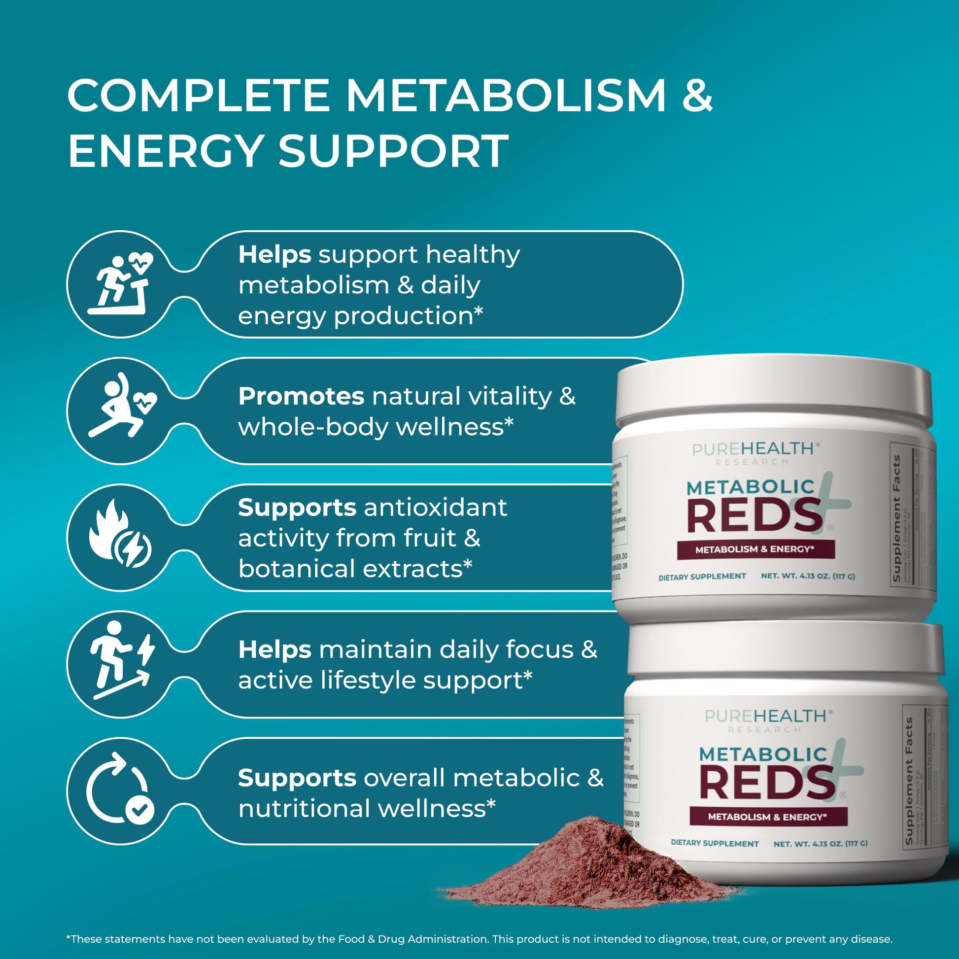 PUREHEALTH RESEARCH Metabolic Reds - Organic Superfood Powder Supplement - Fruit, Veggie, Adaptogenic, Probiotic Blends & More - for Metabolism & Energy Support - 4.13 Oz. - 30 Servings PUREHEALTH RESEARCHBuy Supplements Australia