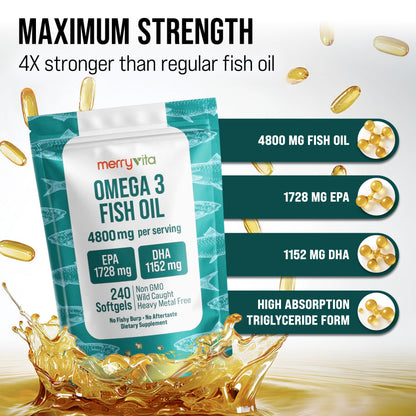 Omega 3 Fish Oil 4800 mg – EPA 1728 mg | DHA 1152 mg from Wild-Caught Anchovies – Burpless Mini Softgels – Pure Omega-3 Fatty Acid Supplement – Non-GMO, Gluten-Free, No Aftertaste – 240 Capsules MERRY VITABuy Supplements Australia