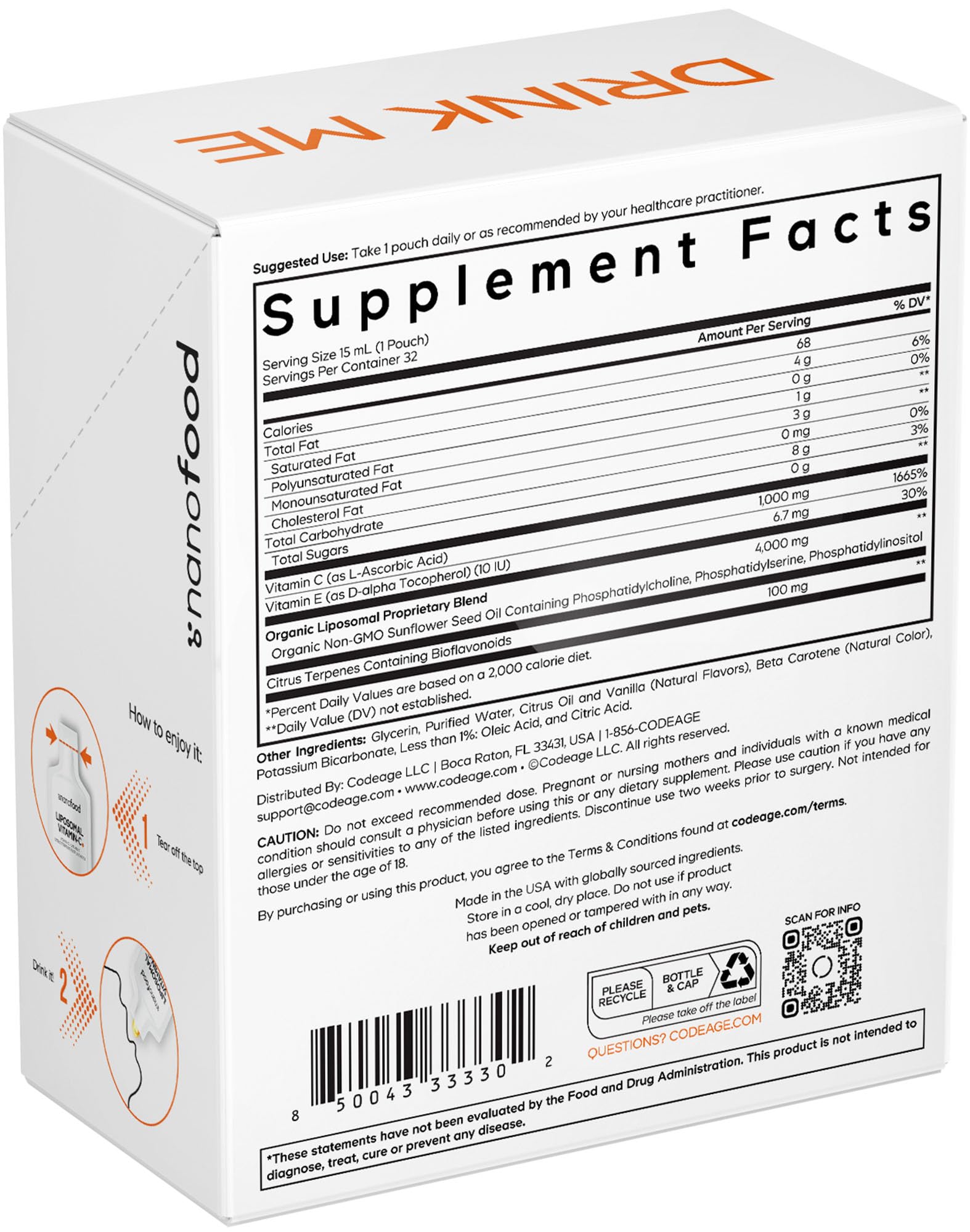 Codeage Liposomal Vitamin C Liquid 1000mg Vitamin C, 4000mg Essential Phospholipids, Supplement For Daily Immune Support, Liposomes For Absorption, Citrus Bioflavonoids, Vitamin E, Non-GMO, 32 Pouches CodeageBuy Supplements Australia
