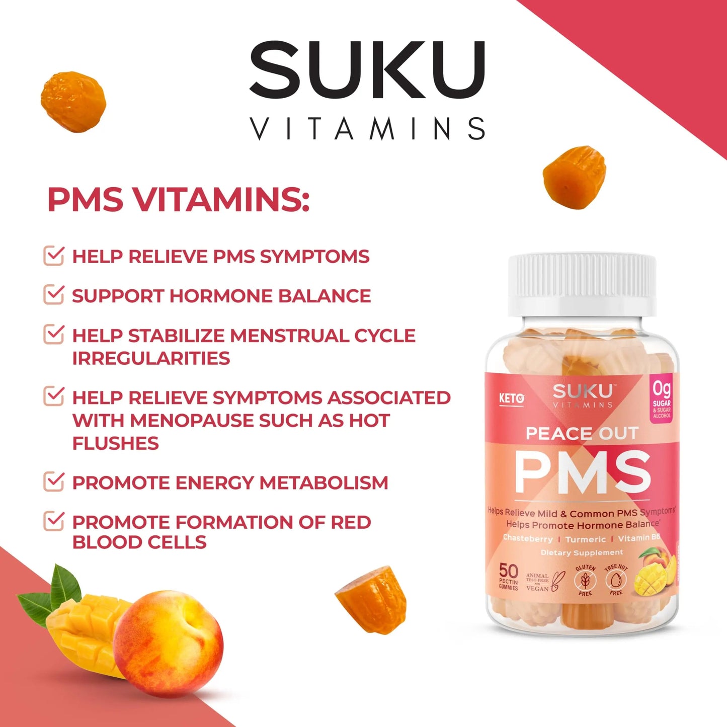 SUKU Vitamins - PMS Gummy Supplement with Chasteberry to Relieve PMS and Menopause Peach Mango Gummies (50 Count) SUKUBuy Supplements Australia