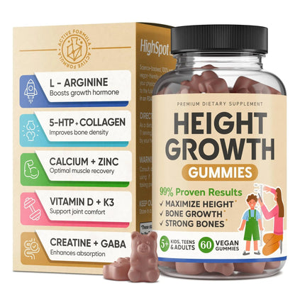 Height Growth Increase Vitamin Gummies, Calcium 100mg, Magnesium Glycinate 30mg, Zinc, Ashwagandha, Vitamin K2 D3 25mg Grow Tall Maximizer Supplement HighSpot
