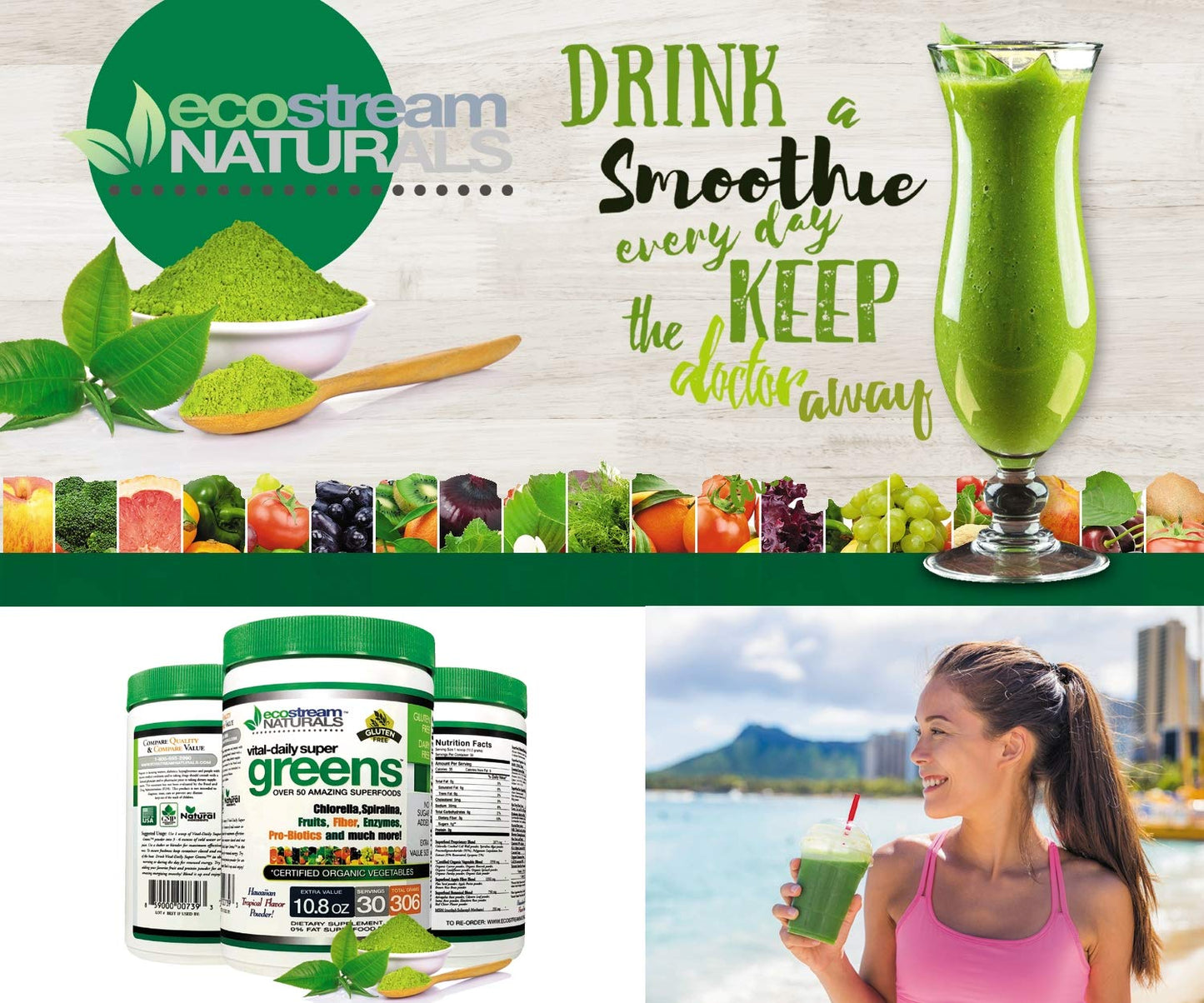 ecostream Naturals Vital First Daily Greens Superfood Powder 50 Whole Super Foods with Spirulina, Chlorella, Flax Seed, Fiber and Enzymes with Organic Greens - 30 Servings ecostream NaturalsBuy Supplements Australia