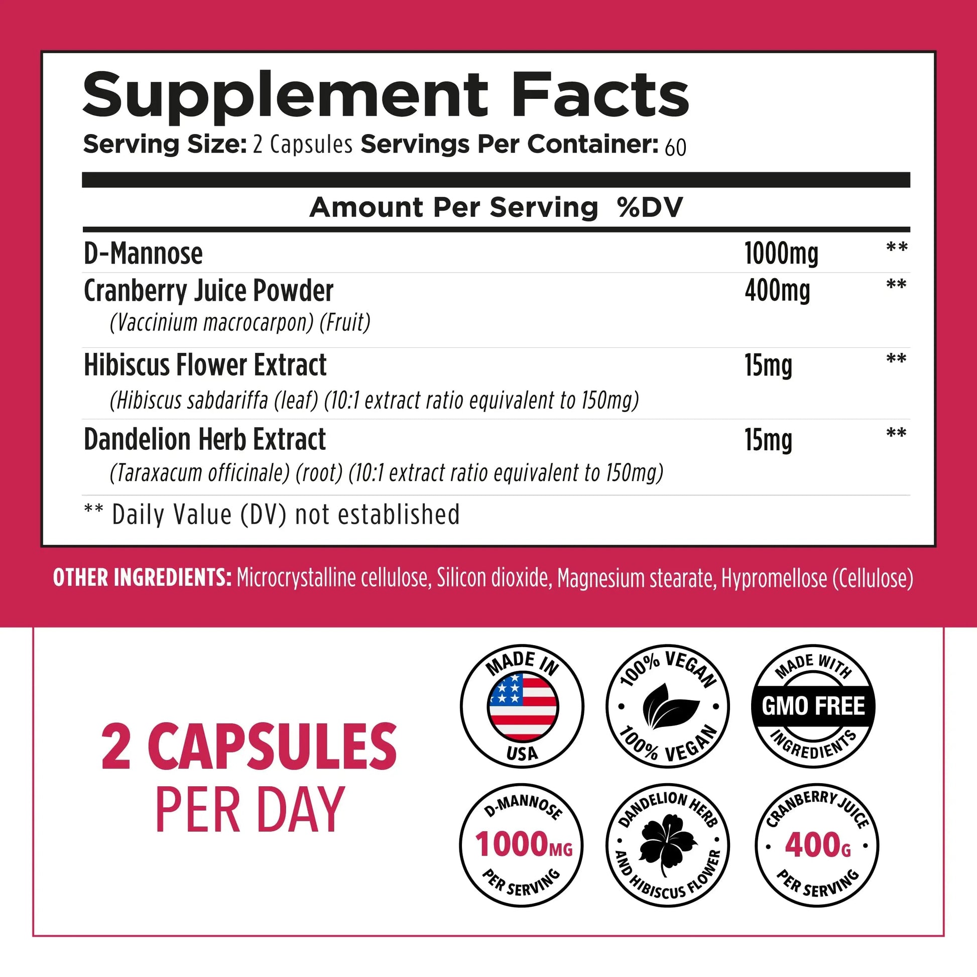 Plantvital D Mannose Capsules with Cranberry - D-mannose 1000mg Capsules - High Potency for Bladder, Kidney and Urinary Tract Support. Cranberry Powder with Hibiscus and Dandelion. 2 Months Supply PlantvitalBuy Supplements Australia