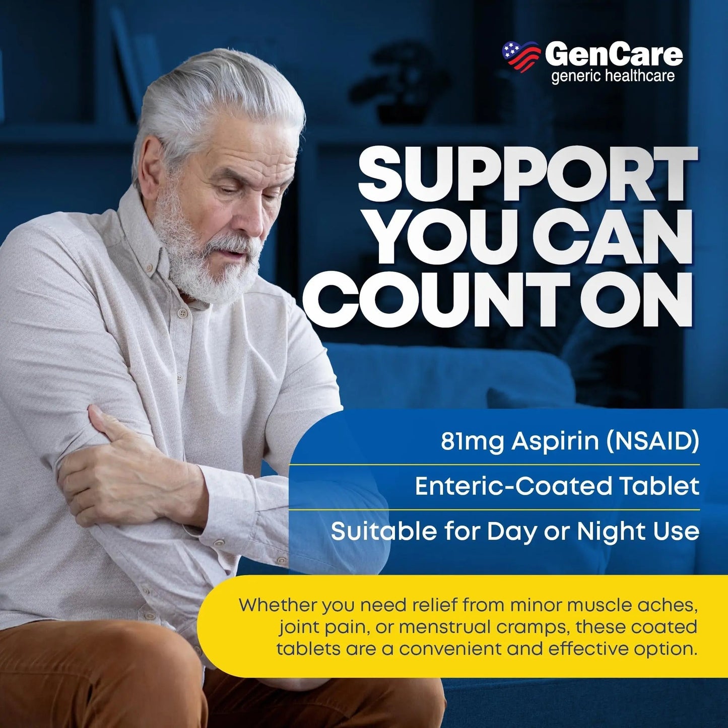 GenCare - Low Dose Aspirin 81mg for Adults Coated (NSAID) 500 Tablets | Adult Low Dose | Enteric Coated Aspirin Pills | Muscle Pain & Menstrual Pain Relief | Fever Reducer | Generic Bayer GenCareBuy Supplements Australia