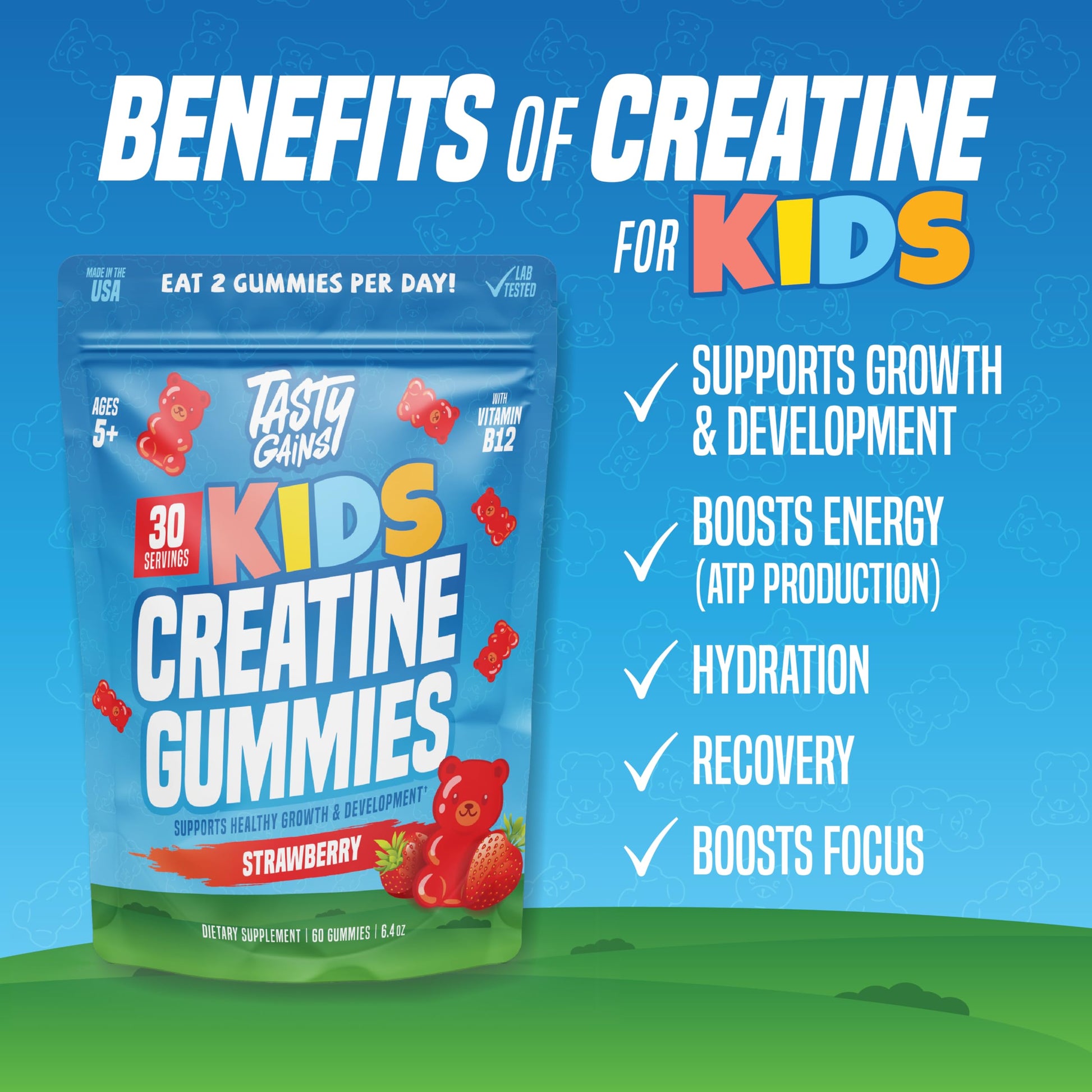 TASTY GAINS Kids & Teen Creatine Gummies with Vitamin B12 for Growth Support, Easy Chew Daily Supplement, Gummy Vitamins for Kids and Teens, Ages 5+ TASTY GAINSBuy Supplements Australia