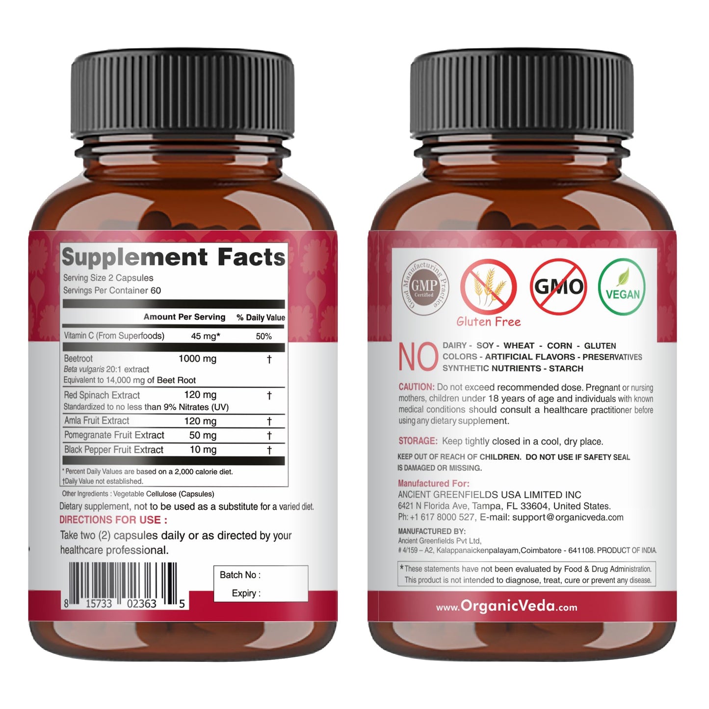 Organic Veda Beet Root Capsules - Triple Reds Nitric Oxide Beets Supplements - Concentrated Nitrates and Vitamin C Blend of Beet Root Extract, Red Spinach, Pomegranate, Black Pepper - 120 Capsules