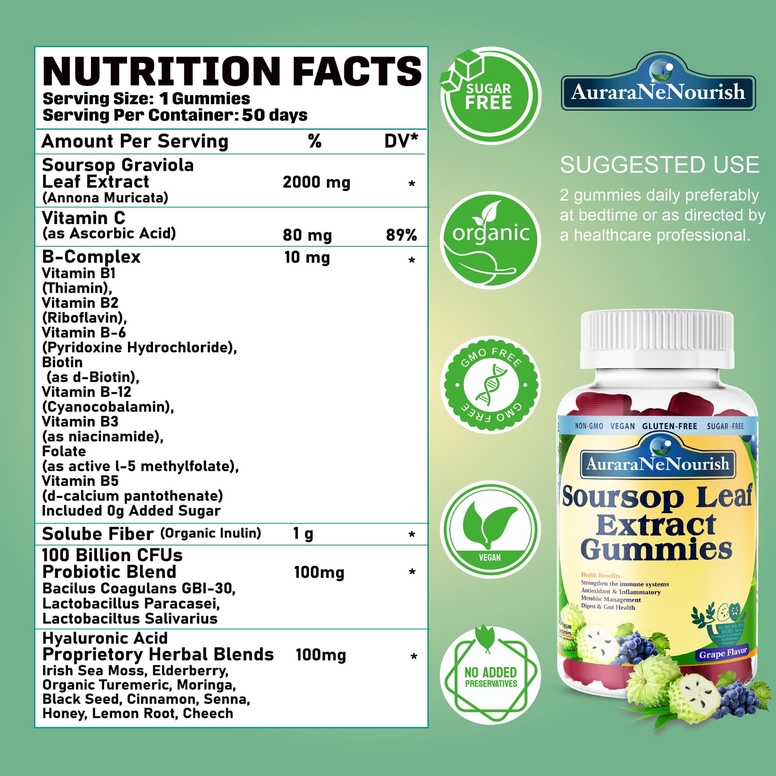 AuraraNeNourish Sugar Free Soursop Gummies with Probiotics & Fiber 100 Billion CFUs, Organic Soursop Leave Extract with Vitamin C B-Complex for Digestive Gut Health, Energy Balance, Immune Boost AuraraNeNourishBuy Supplements Australia