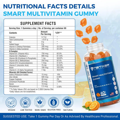 nETiXER Multivitamin Gummies – 60 Vegan Berry Gummies with Vitamins A, C, D, E, B12, Biotin, Zinc, Iodine – Gelatin-Free, Gluten-Free nETiXER