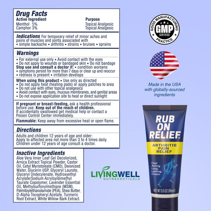 RUB ON RELIEF Arthritis Pain Relief Cream – 10-in-1 Non-Greasy Joints Pain Cream for Knees, Back, Neck, Hands, & Muscle Aches with Menthol, Camphor, Arnica, MSM & Turmeric Up to 8 Hours, 3oz (1 Pack) RUB ON RELIEFBuy Supplements Australia