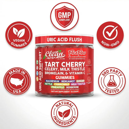 Clean Nutra Tart Cherry Gummies Uric Acid Flush Celery Milk Thistle Bromelain Vitamin C Magnesium Citrus Bergamot Ginger Stinging Nettle Leaf Chamomile Berberine Quercetin Support 60 Gummy Vitamins Clean NutraceuticalsBuy Supplements Australia