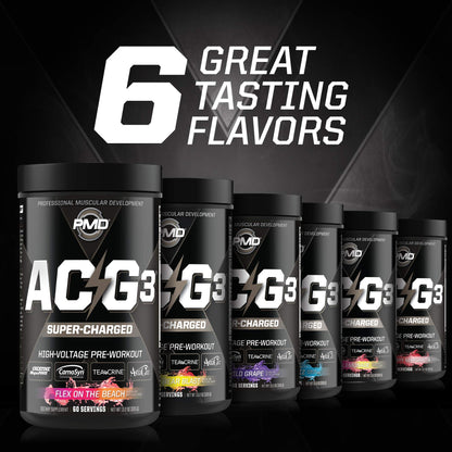 PMD Sports ACG3 Supercharged - Pre Workout - Powerful Strength, High Energy, Maximize Mental Focus, Endurance, Optimum Workout Performance For Men and Women - Flex On The Beach (60 Servings)