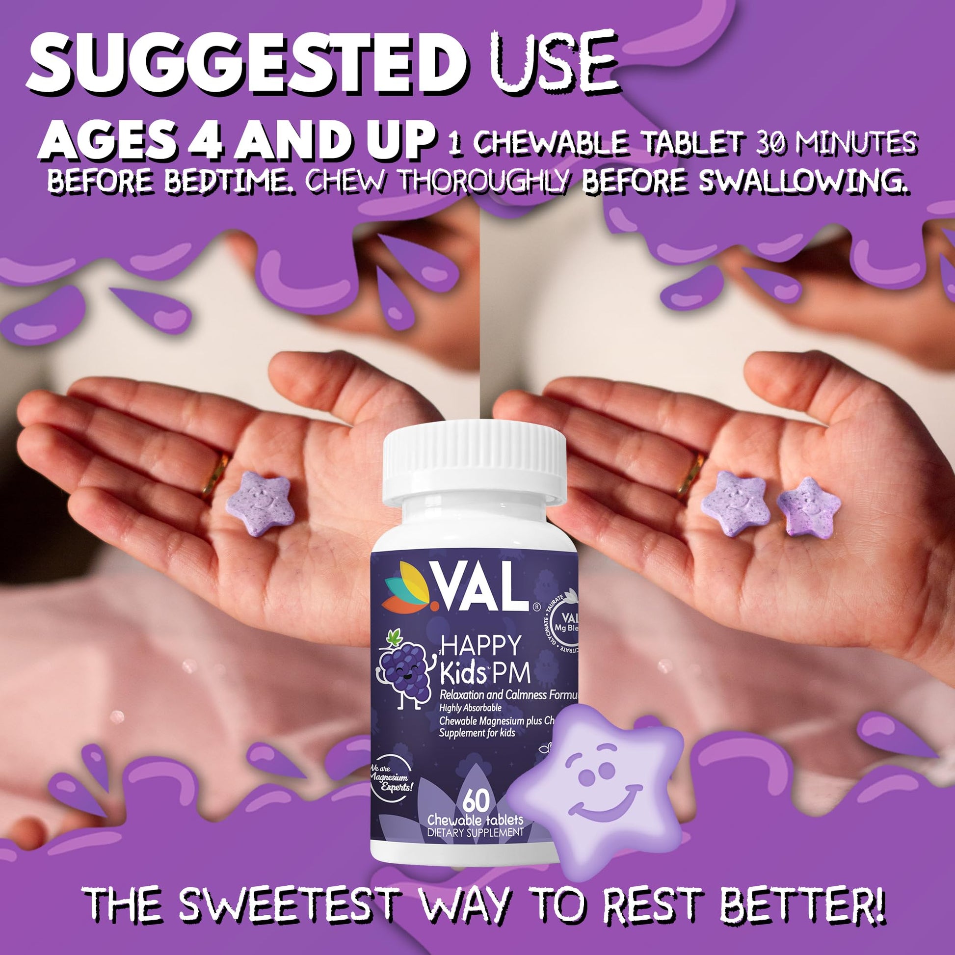 VAL Kids PM Magnesium Gummies | Sugar-Free Chewable Tablets with Chamomile, Magnesium Glycinate + Citrate + Taurate | Vitamin B6 & C | Natural Grape Flavor | Sleep & Calm Support | 60 Ct | Ages 4+ VALBuy Supplements Australia