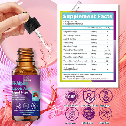 R Alpha Lipoic Acid 600mg Liquid Drops for Neuropathy, Advanced 11-in-1 Stabilized R-ALA Supplement w. Benfotiamine Acetyl L-Carnitine Vitamin C E for Antioxidant Nerve Brain Energy Health Non GMO ScibaliaBuy Supplements Australia