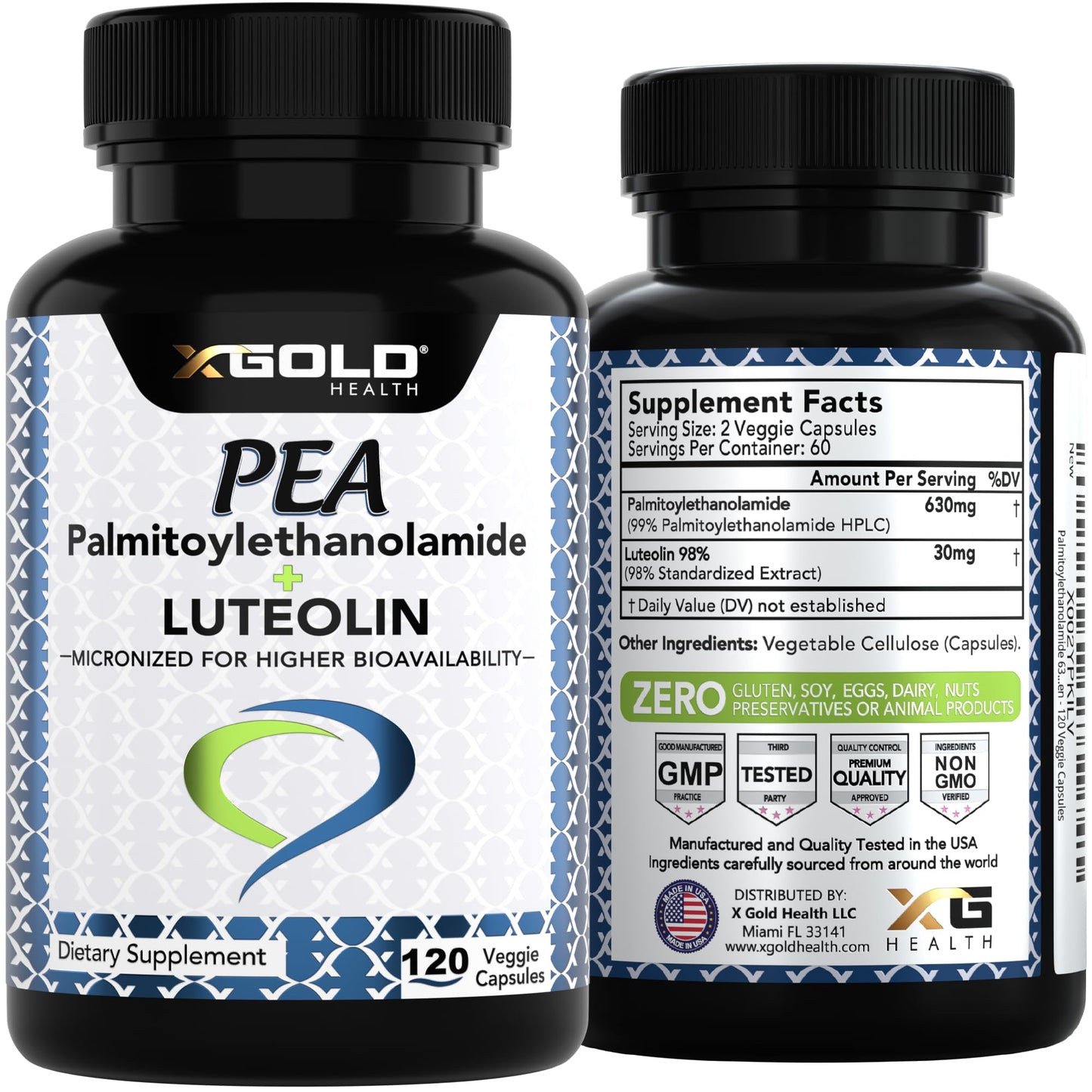 Palmitoylethanolamide 630 mg + Luteolin Standardized 98%- Micronized Pea 99% Highly Purified and Bioavailable - Made in USA - Supplement for Men and Women - 120 Veggie Capsules X Gold HealthBuy Supplements Australia