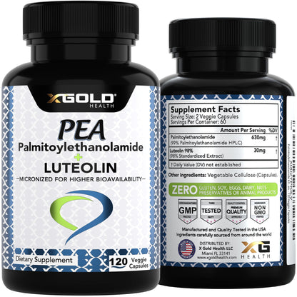 Palmitoylethanolamide 630 mg + Luteolin Standardized 98%- Micronized Pea 99% Highly Purified and Bioavailable - Made in USA - Supplement for Men and Women - 120 Veggie Capsules X Gold HealthBuy Supplements Australia