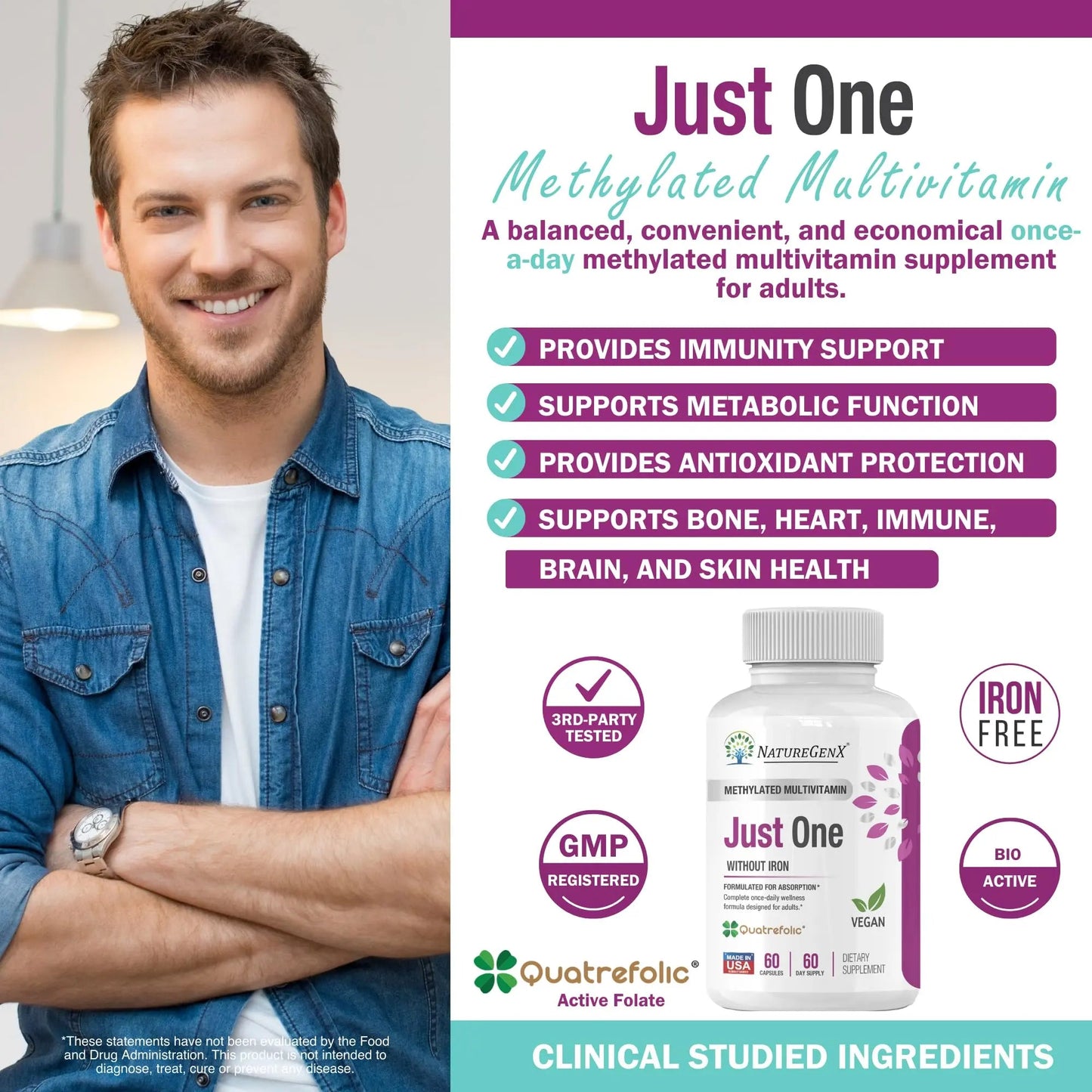 NatureGenX Just One Daily Methylated Multivitamin - 60 Caps Pure Methyl B12, Methylfolate MTHFR Support Supplement Iron Free Methylated Vitamins NatureGenXBuy Supplements Australia