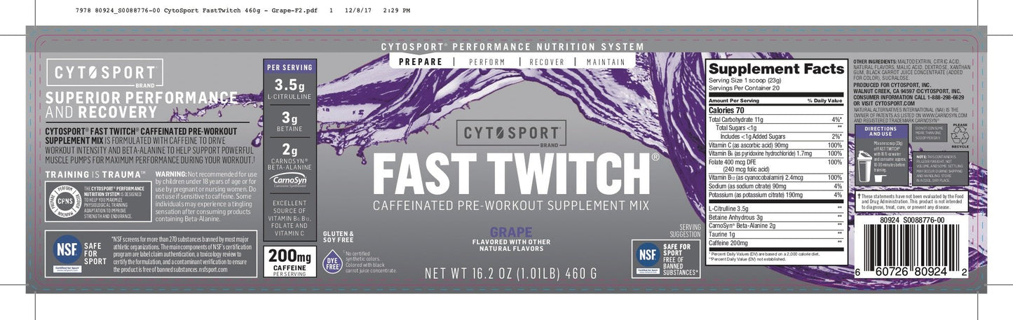 Fast Twitch from the makers of Gatorade,Caffeinated Pre-workout Supplement Mix,Grape Fast TwitchBuy Supplements Australia