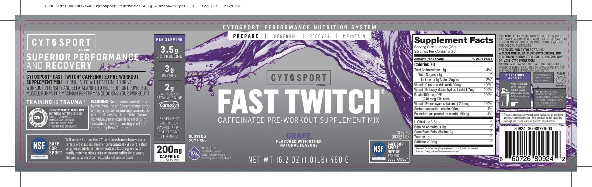 Fast Twitch from the makers of Gatorade,Caffeinated Pre-workout Supplement Mix,Grape Fast TwitchBuy Supplements Australia