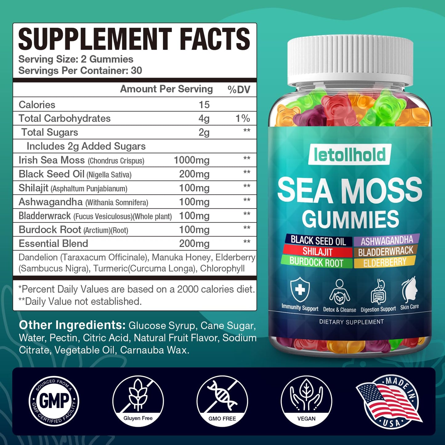 Sea Moss Gummies - Irish Sea Moss Gummies Advanced for Adults with Ashwagandha Bladderwrack & Burdock Root for Supports Immune，Energy - 60 Vegan Gummy,2PCS letollholdBuy Supplements Australia