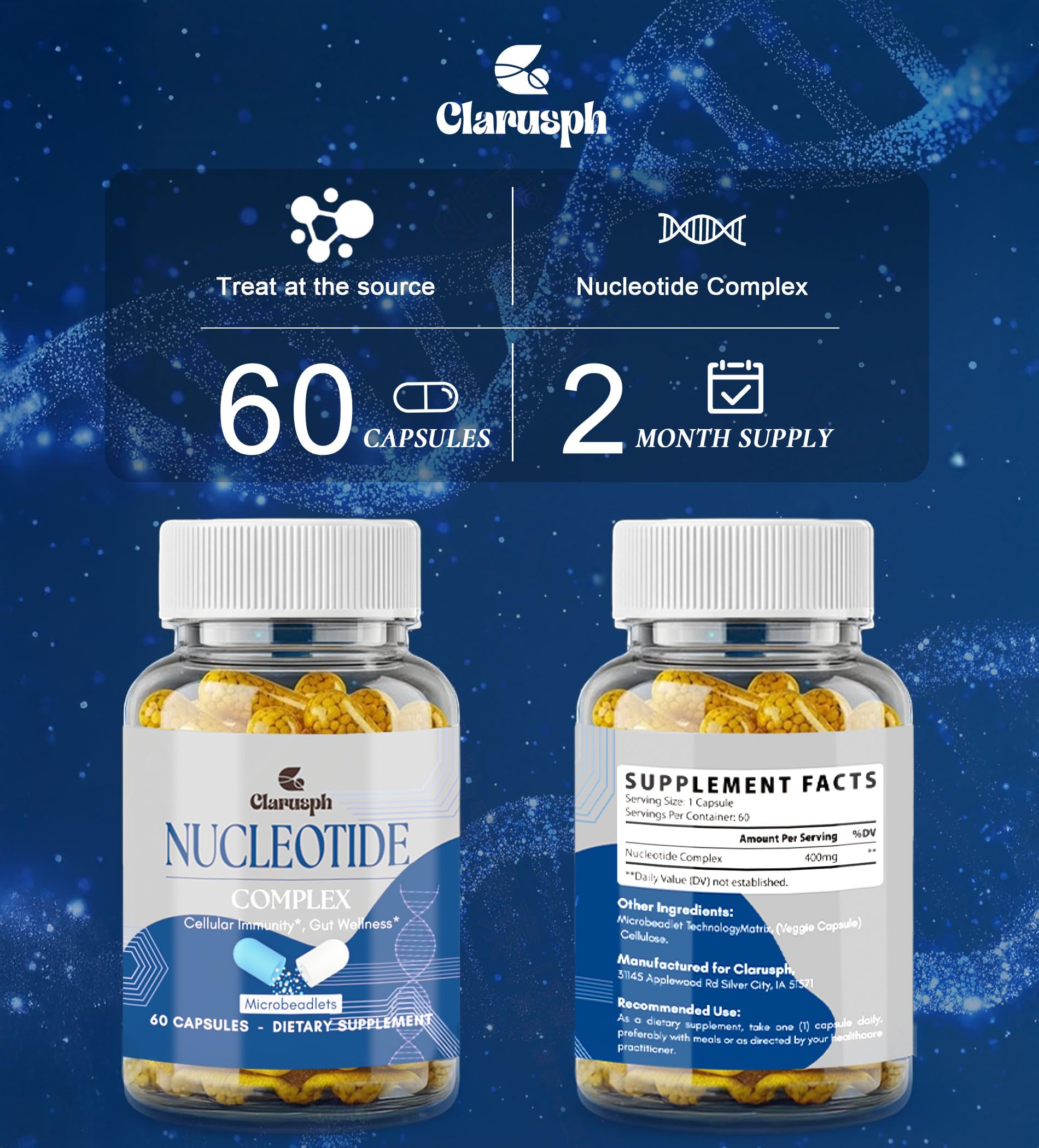 Clarusph Immunity* Supplement, Immune* Nucleotide Complex Blend 400mg Including AMP, CMP, GMP, UMP, Nucleo Immune*, 120 Capsules ClarusphBuy Supplements Australia