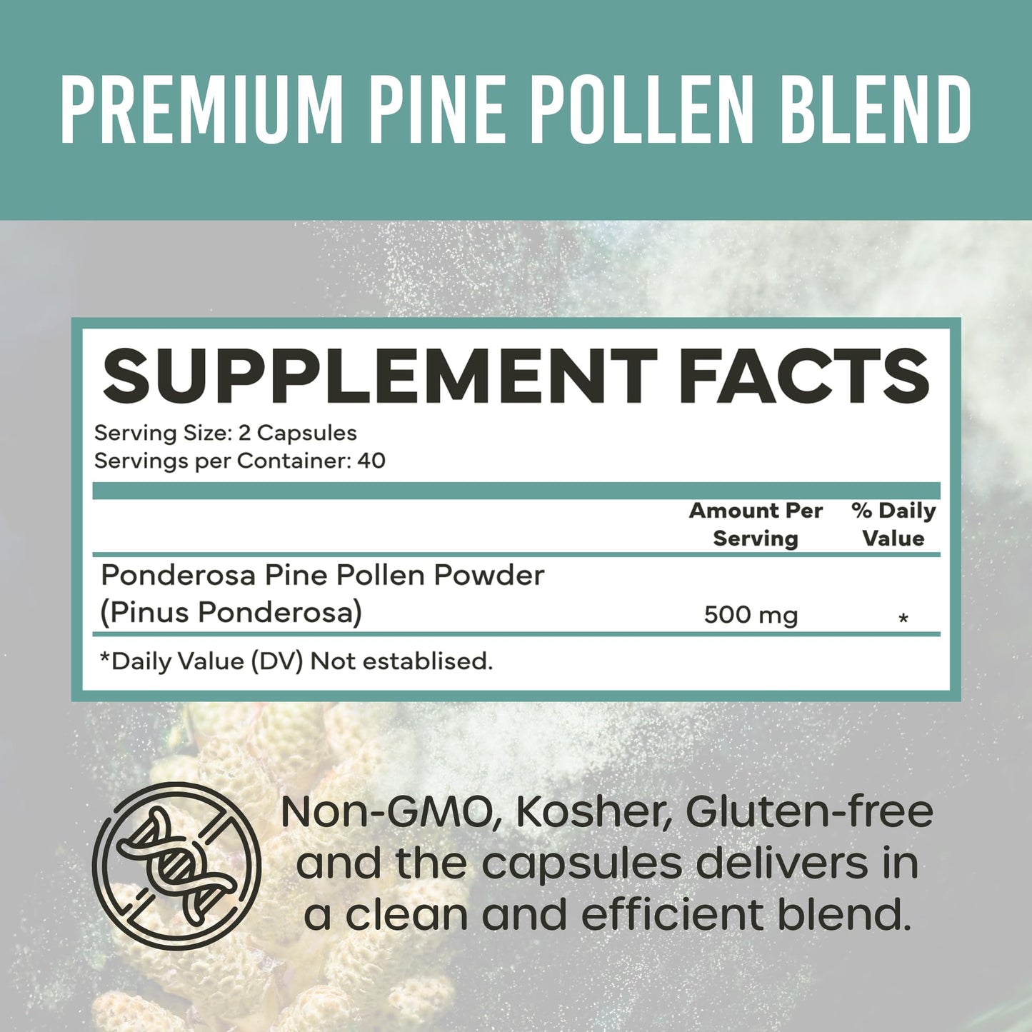 Holistic Bin Pine Pollen Capsules 500mg (Pinus Ponderosa) - Wild Harvested California Ponderosa Pine Pollen Powder - Olympic Grade - Organic, Non-GMO, No Fillers - 30 Day Supply (40 Capsules) Holistic BinBuy Supplements Australia