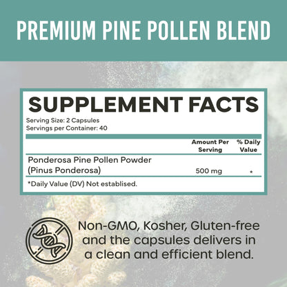 Holistic Bin Pine Pollen Capsules 500mg (Pinus Ponderosa) - Wild Harvested California Ponderosa Pine Pollen Powder - Olympic Grade - Organic, Non-GMO, No Fillers - 30 Day Supply (40 Capsules) Holistic BinBuy Supplements Australia