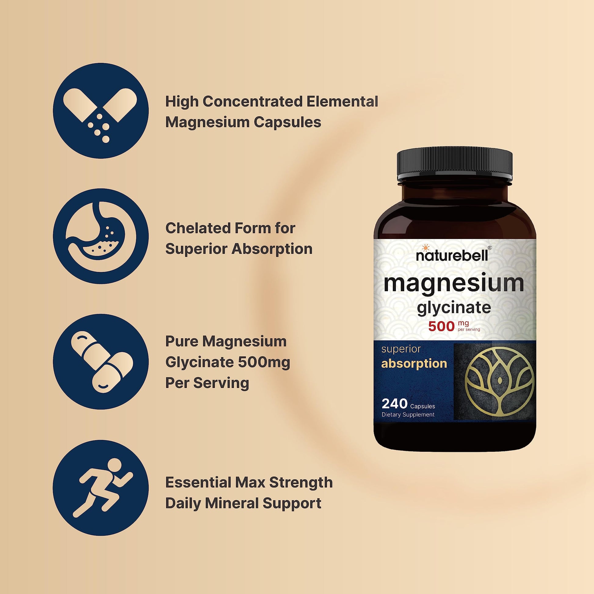 NatureBell Magnesium Glycinate Capsules 500mg | 240 Count, 100% Chelated & Purified NatureBellBuy Supplements Australia