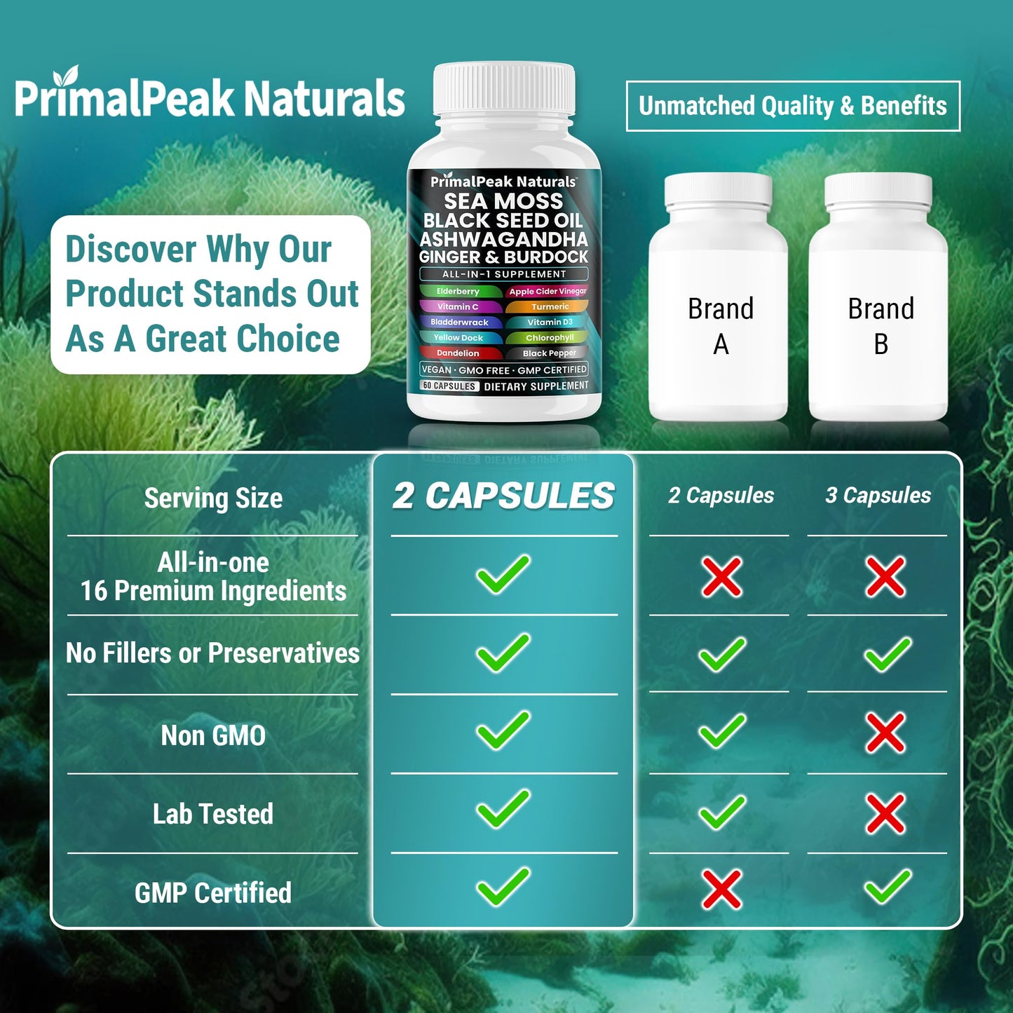 PrimalPeak Naturals Sea Moss Black Seed Oil Ashwagandha Ginger Burdock Bladderwrack Turmeric & Vitamin C Vitamin D3 with ACV Elderberry Chlorophyll Dandelion Yellow Dock Vegan Capsules - 60 Count PrimalPeak NaturalsBuy Supplements Australia