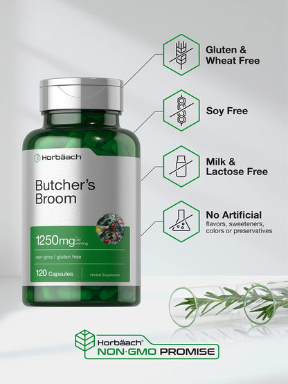Butchers Broom Capsules 1250mg | 120 Count | Non-GMO, Gluten Free | Traditional Herb HorbäachBuy Supplements Australia