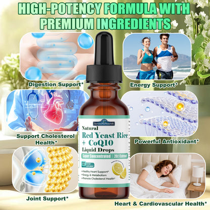 Liposomal Red Yeast Rice with Coq10 Liquid Drops, 5-in-1 Extra Strength 1200mg Cholesterol & Heart Support w. Citrus Bergamot Alpha Lipoic Acid | Cholesterol Lowering Supplement | GMO & Citrinin Free AuraraNeNourishBuy Supplements Australia