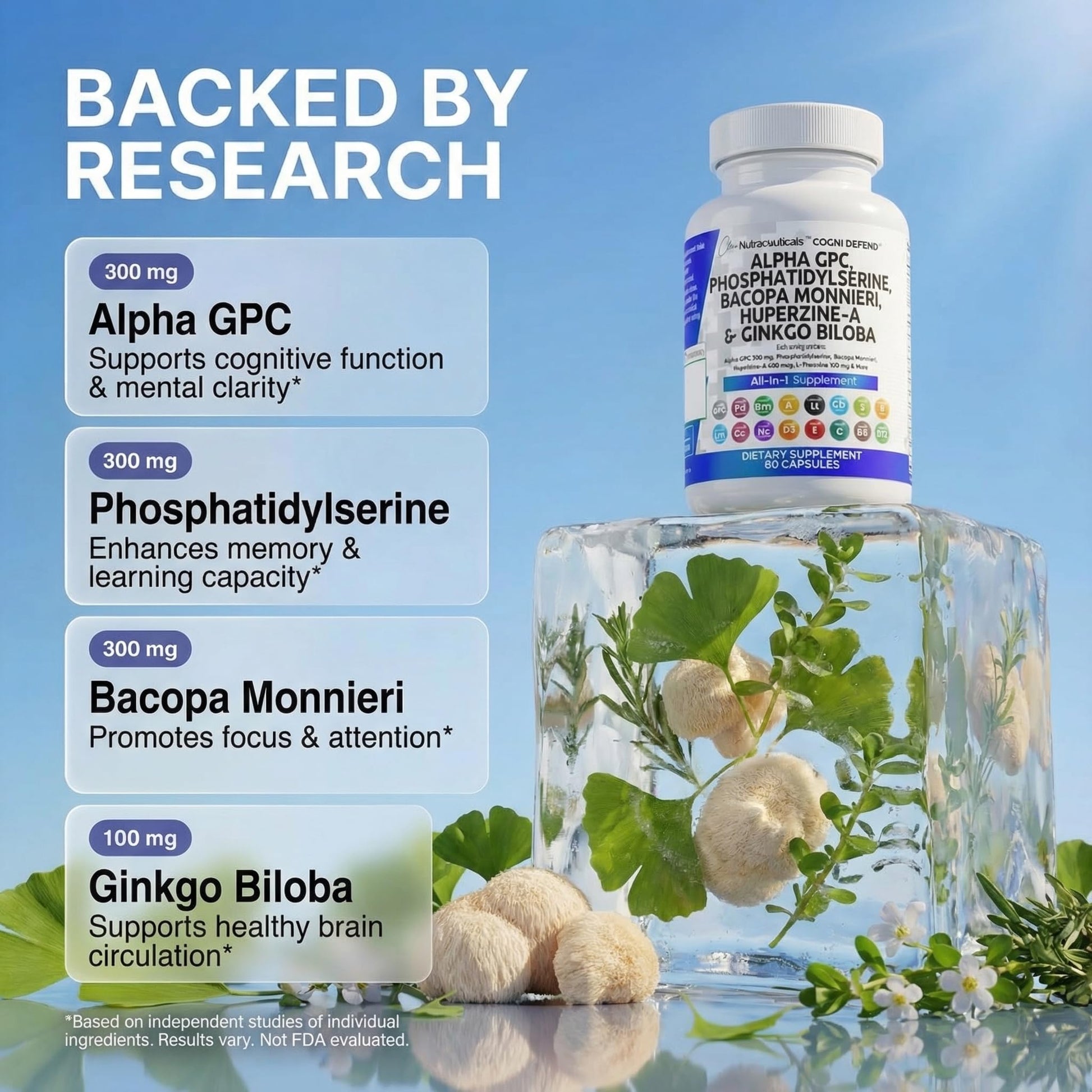 Brain Supplement Alpha GPC 300mg Phosphatidylserine Bacopa Monnieri Ginkgo Biloba Lions Mane Huperzine A L-Theanine NAC Nootropic Memory Focus Cognitive Support Vitamins B C D E 60 Capsules USA Clean NutraceuticalsBuy Supplements Australia